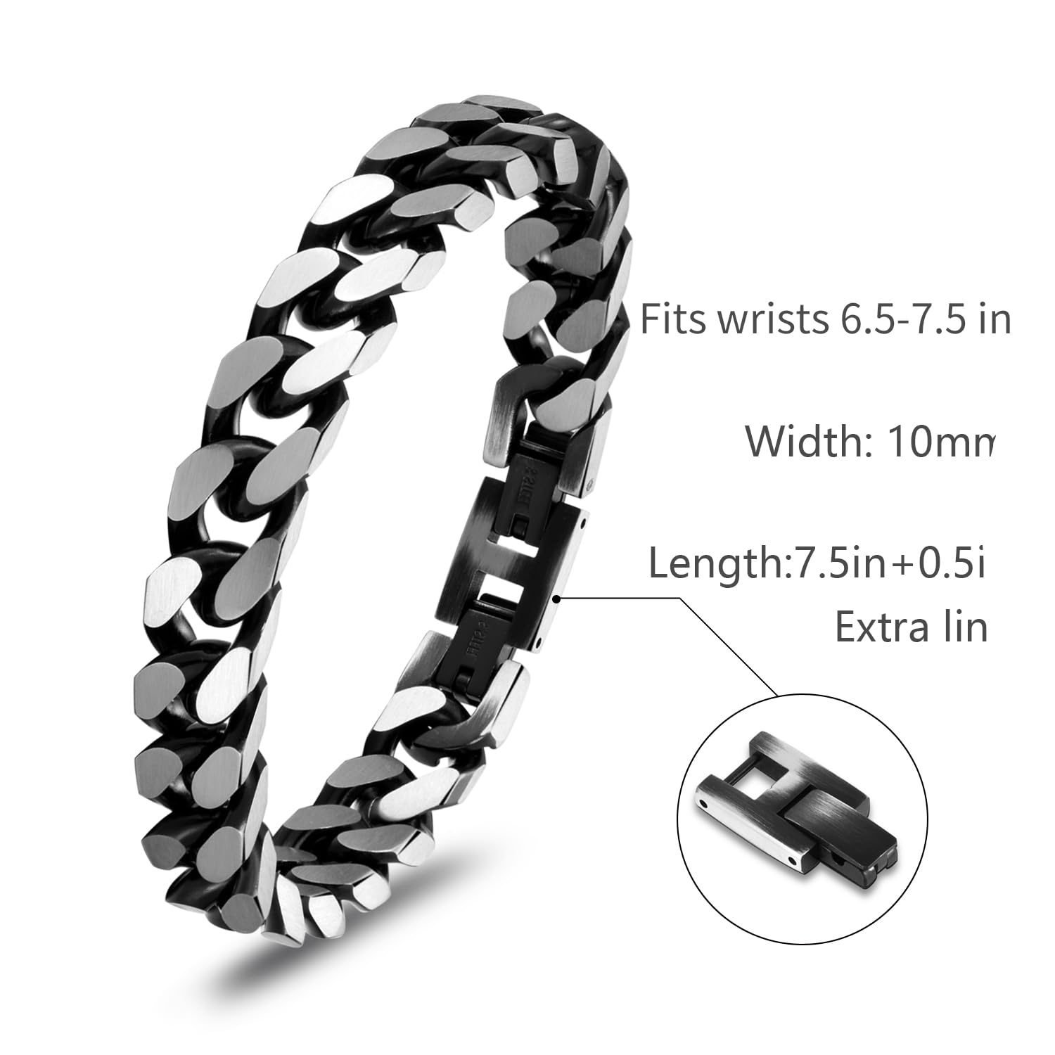 Mens Bracelet -Stainless Steel Fold Over Clasp Cuban Chain Bracelet for Men