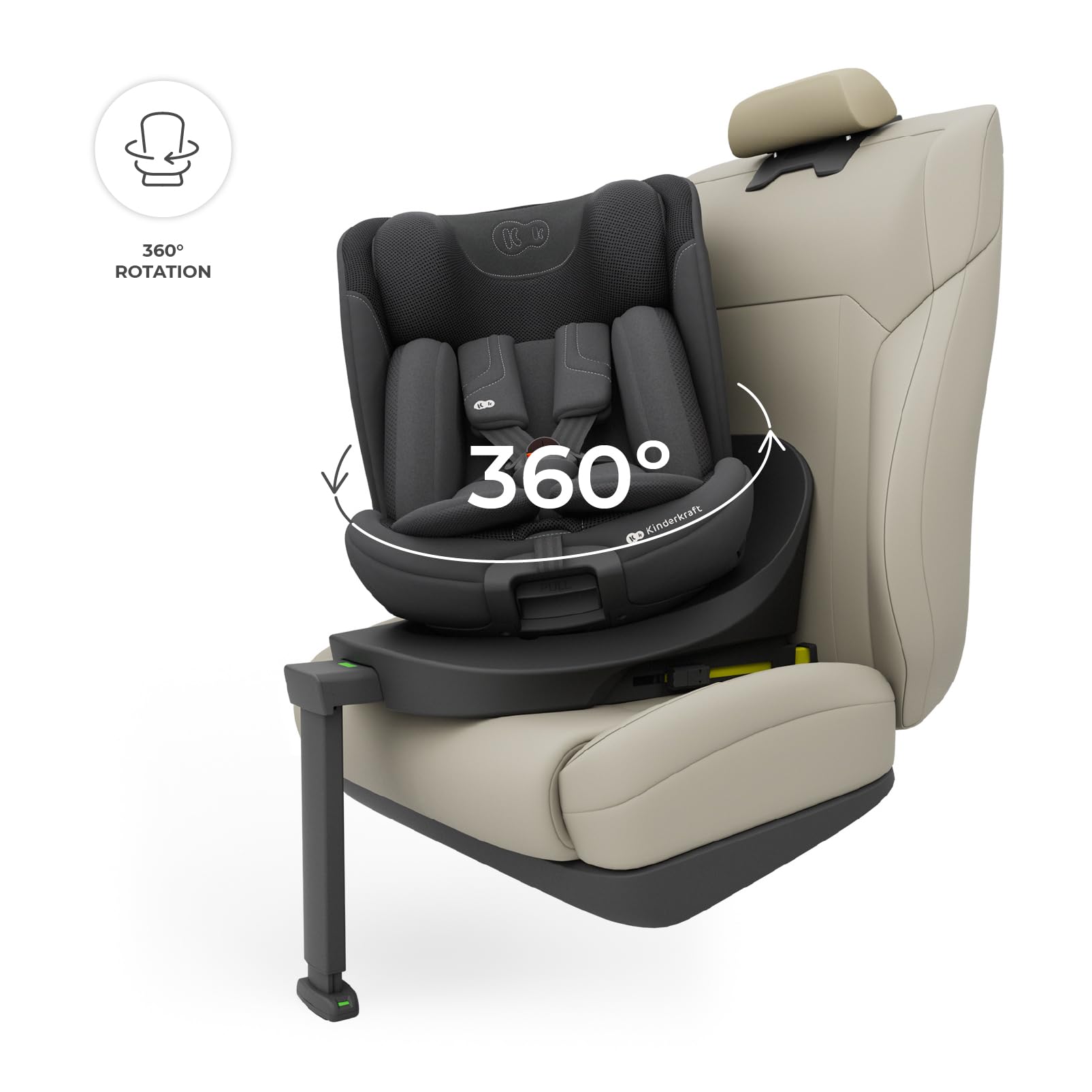 Kinderkraft I-360 2 PRO, fotelik samochodowy i-Size 40–150 cm, obracany 360°, ISOFIX, tyłem i przodem, H-GUARD+, SPS+, EASY SPIN PRO, EASY GROW, od narodzin do 12 lat, Czarny