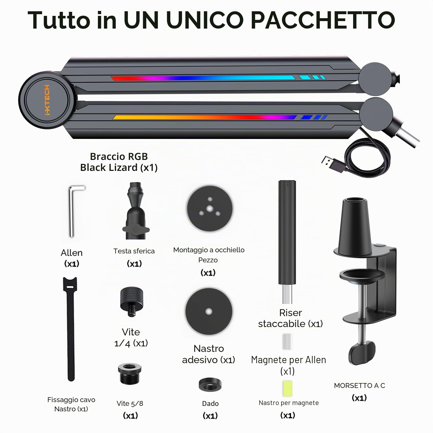 IXTECH Supporto per microfono RGB ad alto profilo, braccio per microfono da scrivania, supporto regolabile per microfono con supporto da scrivania, braccio per microfono per live streaming gaming
