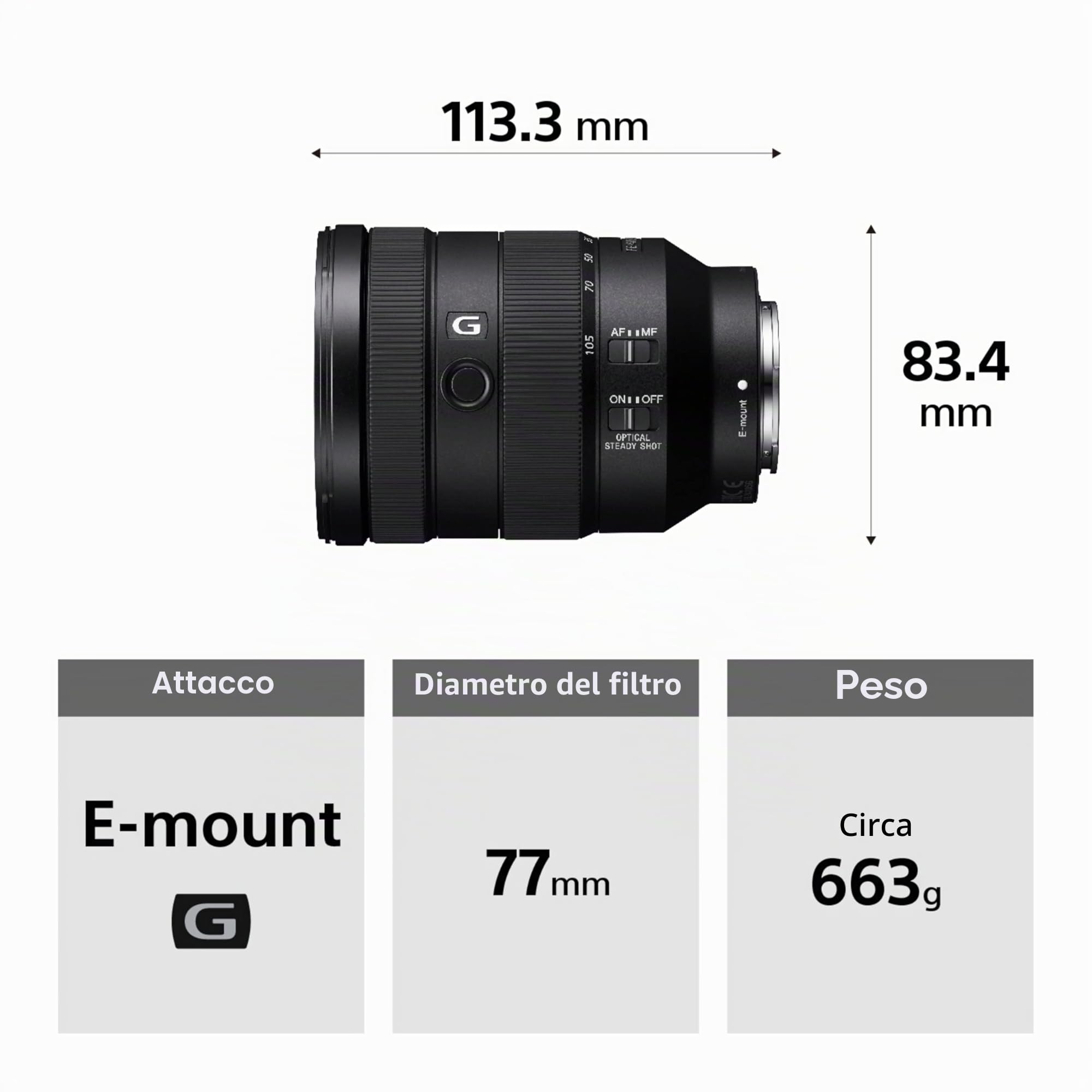Sony SEL24105G – Obiettivo zoom standard 24–105 mm F4 G OSS per full frame e APS-C (attacco E-Mount, ideale per l'uso quotidiano e i viaggi, compatibile con la serie A7, ZV-E10, A6400, A6700)