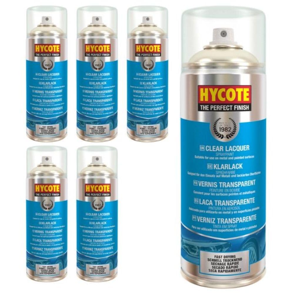 Hycote Klarlack Spray Glänzend 400 ml (6er Pack) – Schnelltrocknender Acryl Klarlack zur Versiegelung und Schutz von Lackoberflächen, hohe Deckkraft, für Metall, Kunststoff, Keramik und Holz