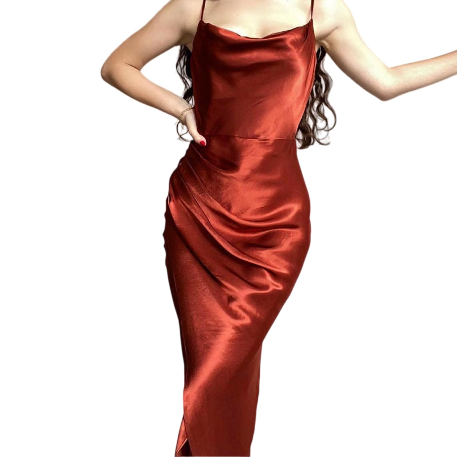 Robe Femme Femmes Satin Cowl Col Midi Ruched Spaghetti Strap De Fête, Side Split Taille Bodycon Robe-Pink-XL