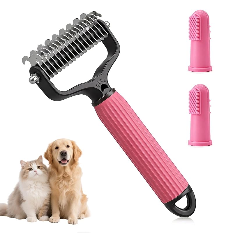 Kit de Escova Desembaraçadora e Pente para Cães e Gatos Forffan com 2 Escovas de Dedo Rosa