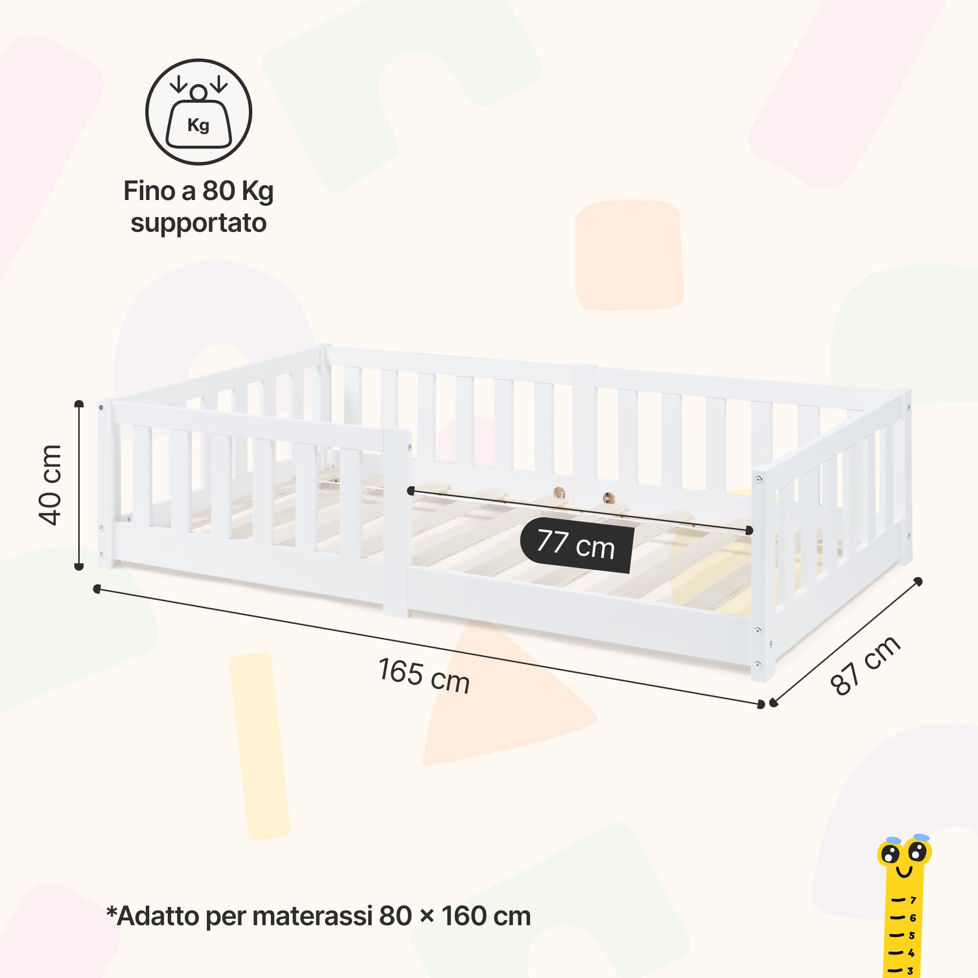 [en.casa] Letto per Cameretta con Barriera Protezione Anticaduta Struttura Letto Singolo Montessori in Legno di Pino con Zona di Riposo 80 x 160 cm - Bianco
