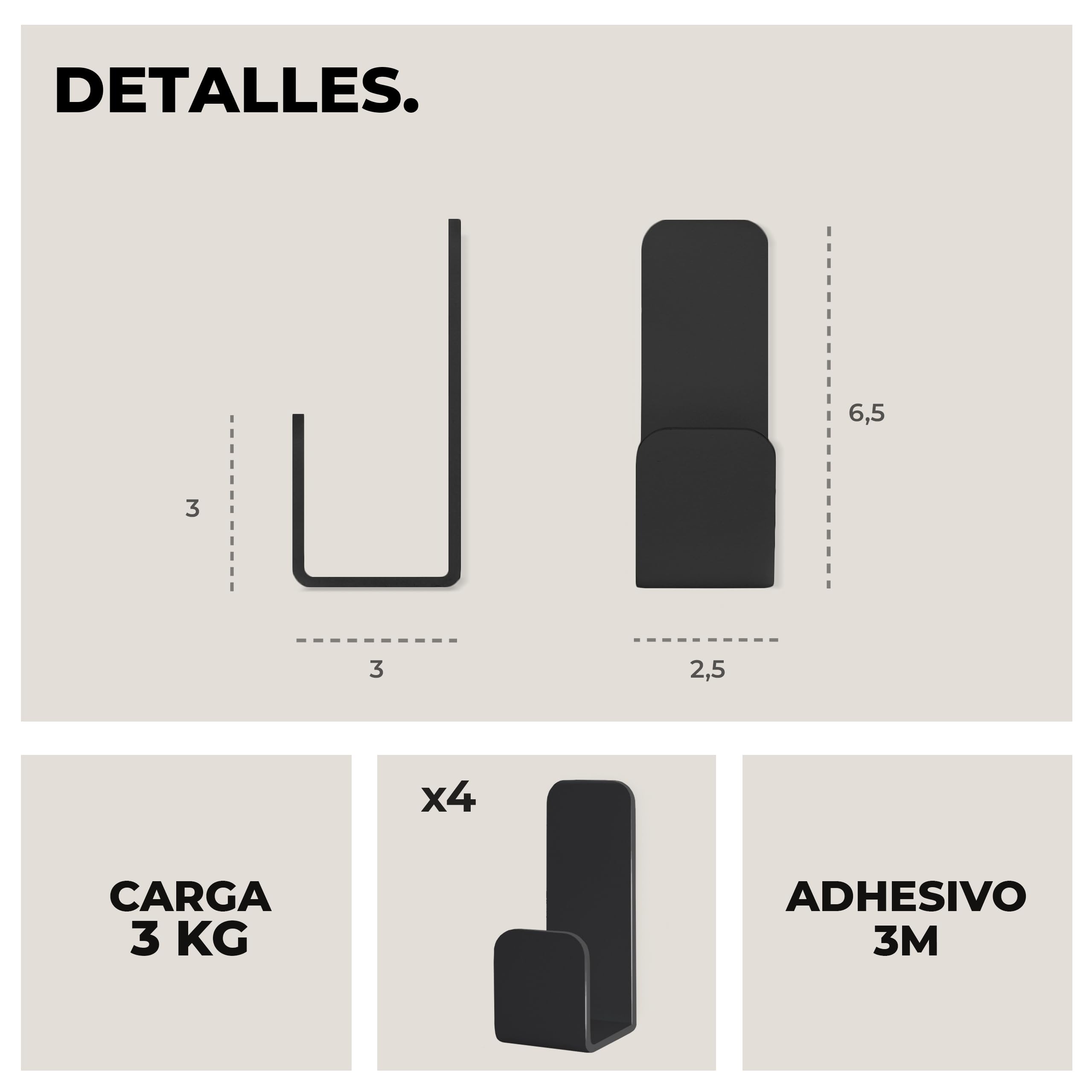 Pack 4 Ganchos Adhesivos para Pared | Colgadores Adhesivos Resistentes | Colgador Toalla Baño sin Taladro | Percha Baño, Dormitorio y Cocina | Negro Mate