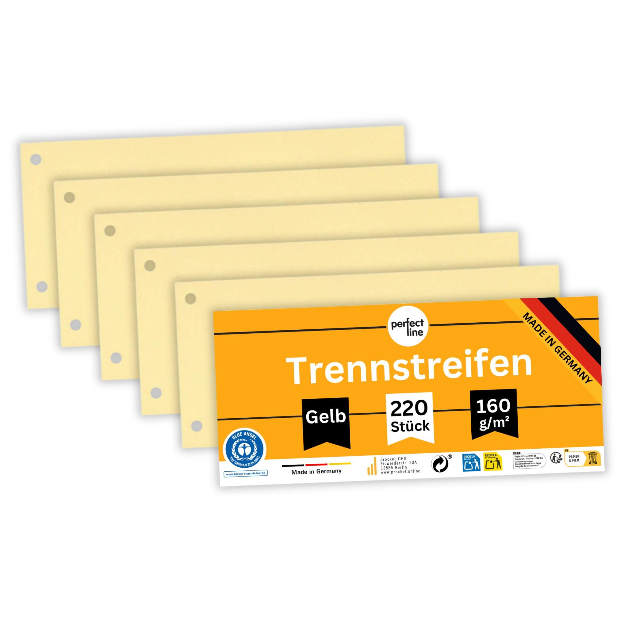 perfect line - 220 Trennstreifen für Ordner A4, Trennblätter aus Recycling-Karton, einfarbig, gelocht, Made in Germany, Blauer Engel zertifiziert (Gelb)
