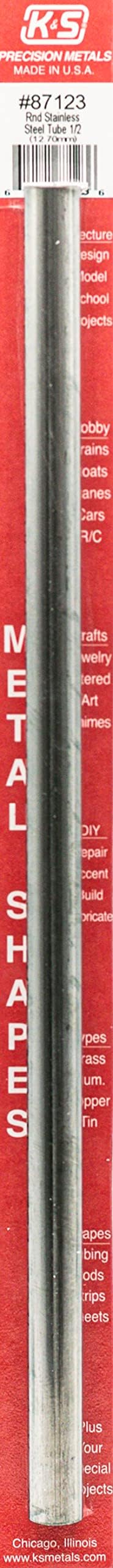 K&S 87123 Round Stainless Steel Tube, 1/2" OD x 22 GA x 12" Long, 1 Tube, Made in USA