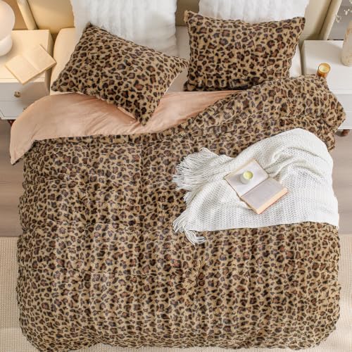Image of EMME Fluffly Faux Rabbit Fur Bubble Comforter Set Queen, Leopard Print