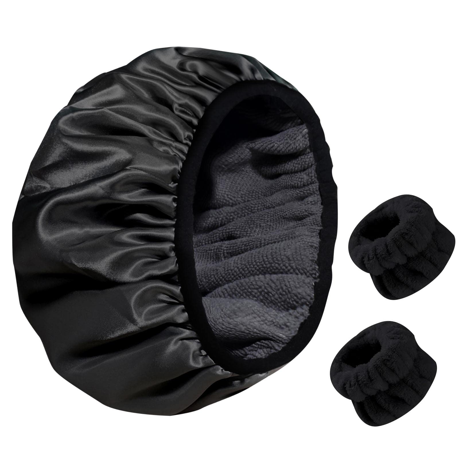 AYNKH Gorro de ducha con forro de toalla, gorro de baño elástico de satén sedoso, impermeable, triple capa, reutilizable para todas las longitudes de cabello, secado rápido y acondicionamiento