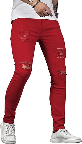 Miniatura 5 de HUNGSON Men's Blue Slim Fit Jeans Stretch Destroyed Ripped Skinny Jeans Side Striped Denim Pants