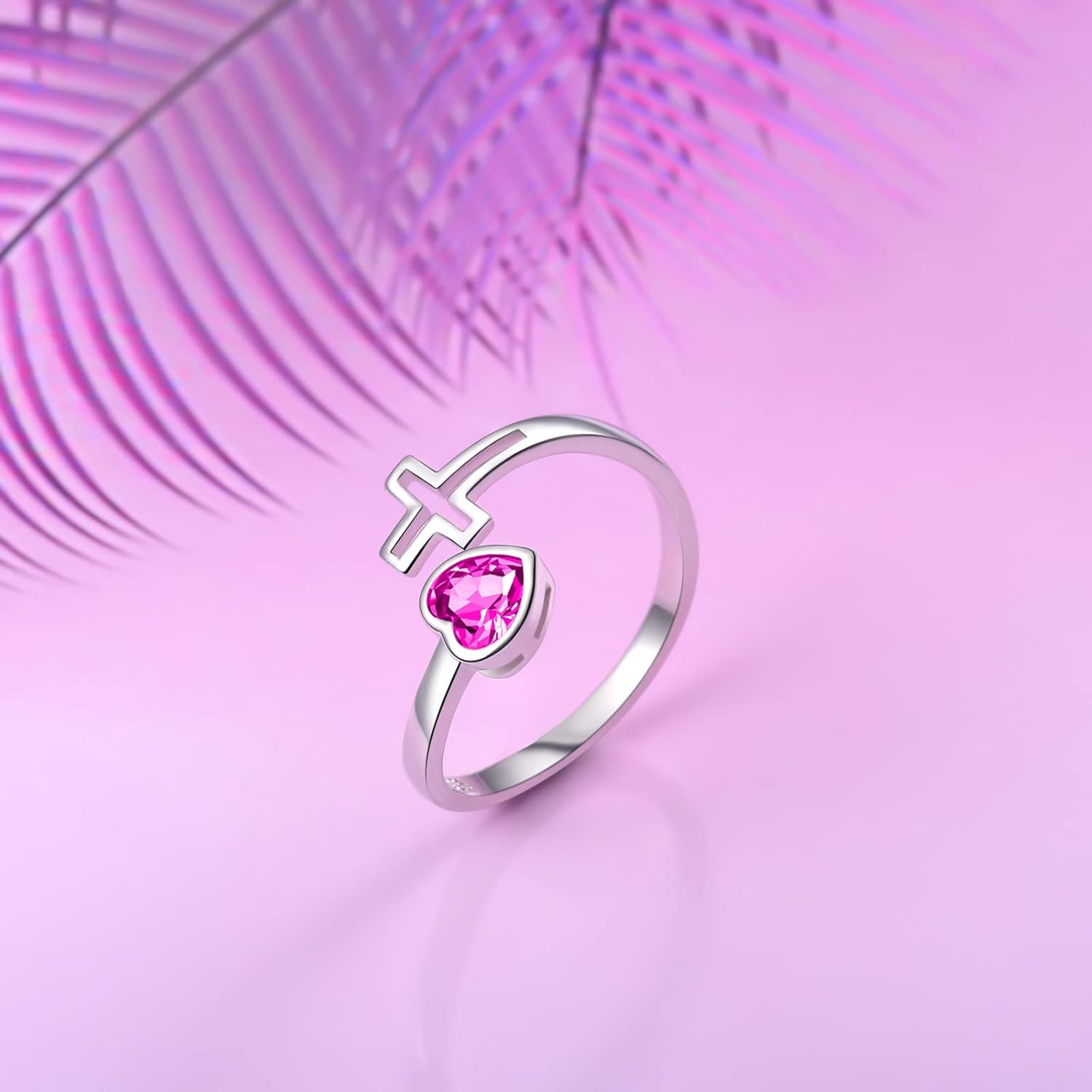 YLT 925 Sterling Silver Birthstone Rings Adjustable Heart Cross Stone Constellation Birth Month Ring Birthstones Jewelry Birthday Gifts for Women Teens