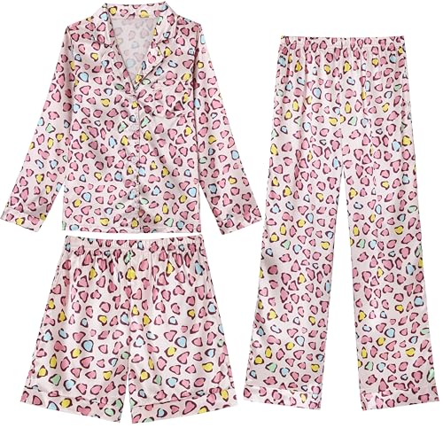 CARETOO Girls Pajamas 3 Piece Satin Long Sleeve Long Pants with Shorts Pajama Set Cute Kids Sleepwear 3-10Y