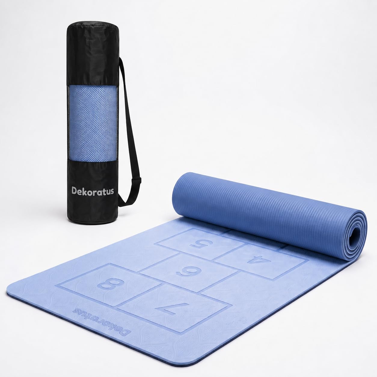 Extra Wide Non Slippery TPE 6ft x 2.62ft x 6mm Yoga Mat for men, Women and Kids with hopscotch Play mat comes with Wooden Marker and bag cover - Blue-image-3
