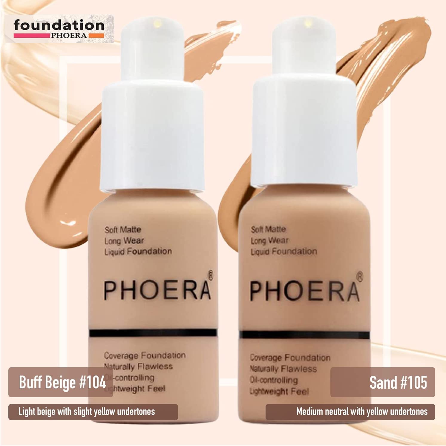 Phoera Foundation Full Coverage Make-up-Set – enthält Buff Beige & Sand 30 ml Matte Foundation, 6 ml Gesichtsprimer und flüssiger Foundation-Pinsel für einfache Anwendung