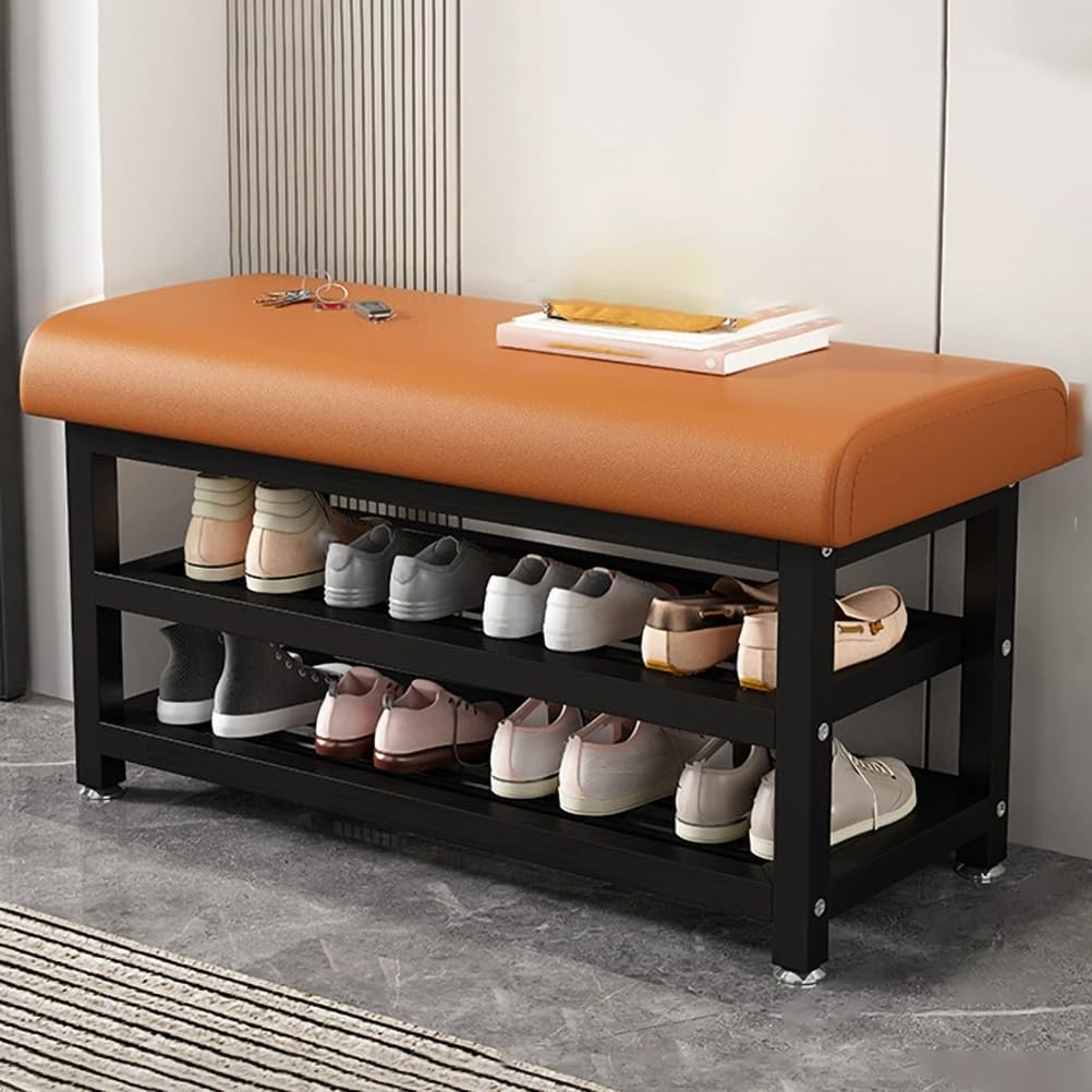 Banc d'entrée avec support à chaussures à 2 niveaux et cadre en métal beige