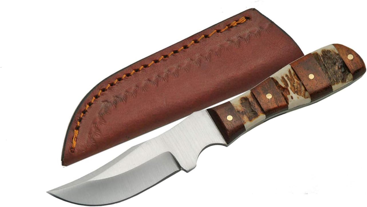 SZCO Supplies Mini Stag & Wood Skinner Knife - 6.25 Inch Full Tang Stainless Steel Blade with Stag and Wood Handle, Brass Pins, and Sheath - Ideal for Hunting, Skinning and Outdoor Use