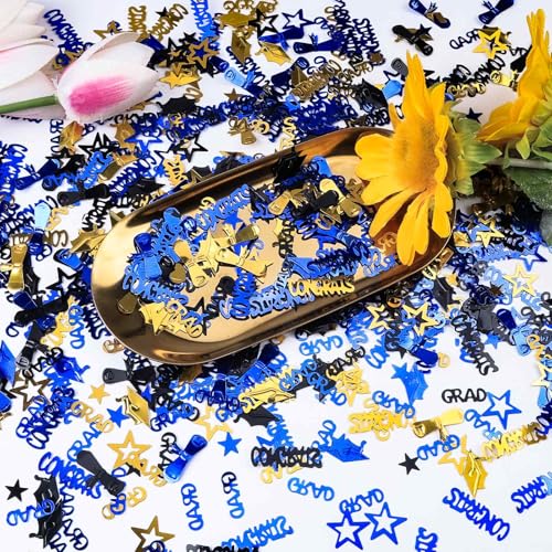 Image of Blue Gold and Black Graduation Confetti 2026, 1000 Pcs Congrats Grad Confetti Class of 2026 Party Table Centerpiece for 2026 Graduation Party Decorations