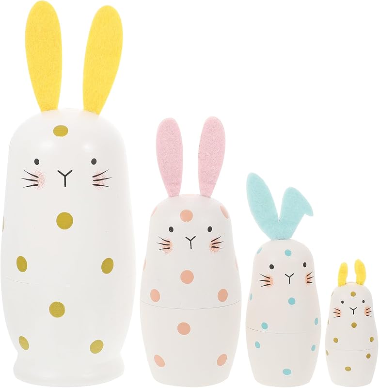 Bunnies Nesting Doll: 4-Layers Wooden Stacking Dolls - Pastel Colored for Easter Party Home Decoration Boys Girls