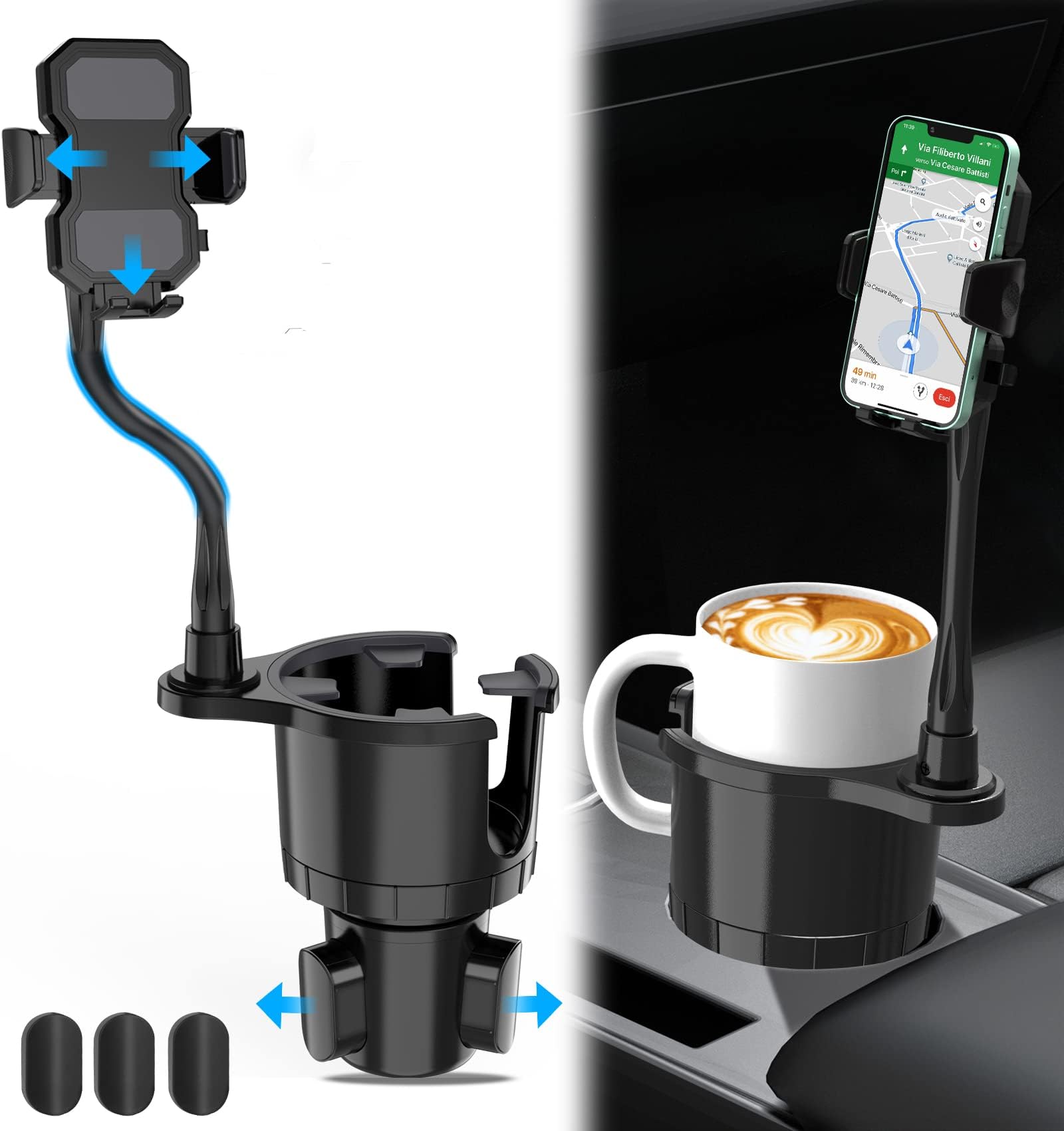 Cup Phone Holder for Car, 2 in 1 Cup Holder Expander Mount Automotive Cell Phone Drink Holder with Adjustable Base Gooseneck 360° Rotation, Fits for iPhone, Samsung, Most Bottles