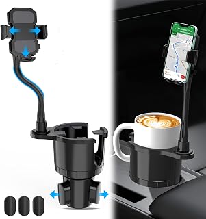 Car Cup Holder Expander with Phone Mount, 2 in 1 Automotive Cell Phone Drink Holder Adapter with Adjustable Base Long Gooseneck 360° Rotation, Fits Any Smartphones and Most Bottles