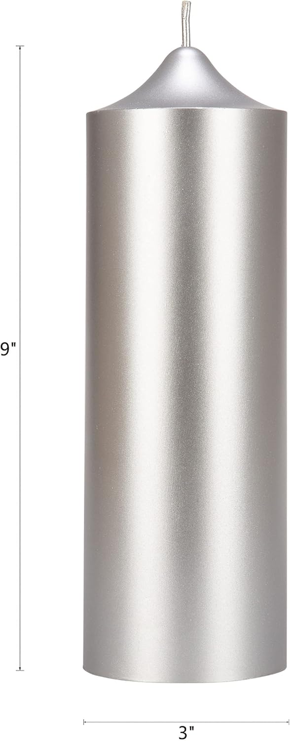 Mega Candles 3 pcs Unscented Solid Bell Top Silver Pillar Candles, Hand Poured Premium Wax Candle 3 Inch x 9 Inch, Home Décor, Wedding Centerpieces, Occasions, Events, Festivities, Memorials, Altar