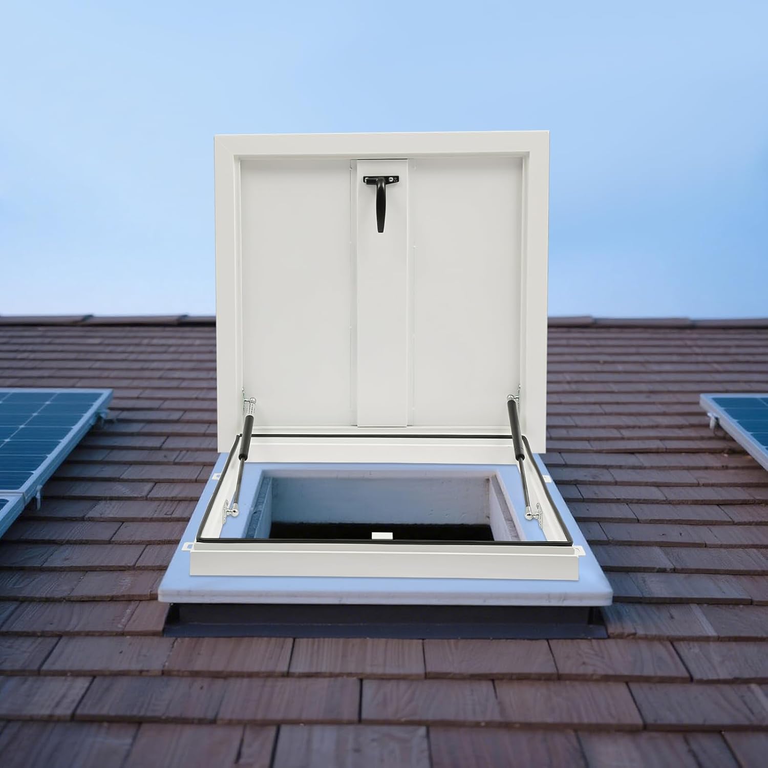 LYNICESHOP 26"x26" Aluminum Roof Hatch with Hydraulic Support, 90° Opening & Internal Lock, White Galvanized Steel Access Door for Commercial Buildings (White)