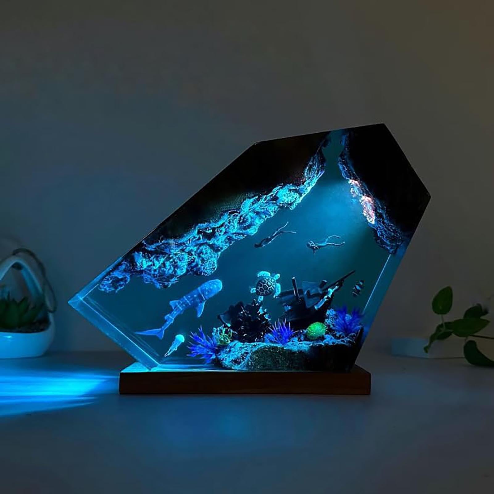 Lámpara de mesa Diver, luz nocturna de resina con decoración de tortuga y océano, lámpara de madera Art Deco para el hogar, oficina, dormitorio, regalo