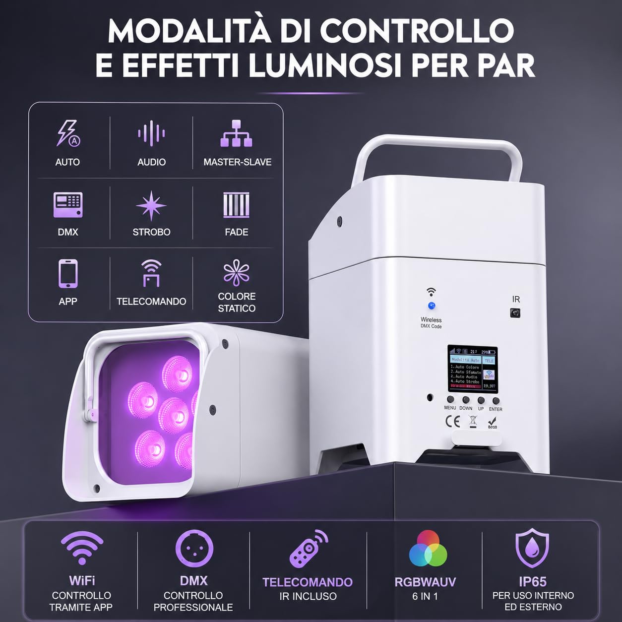 NLIGHTING Faretto PAR LED Wireless 9600mAh RGBWAUV 6in1 WiFi, DMX e Telecomando, IP65 Ricaricabili per Eventi, Matrimoni, Palchi e Illuminazione Architetturale, Eventi Uplight Professionale