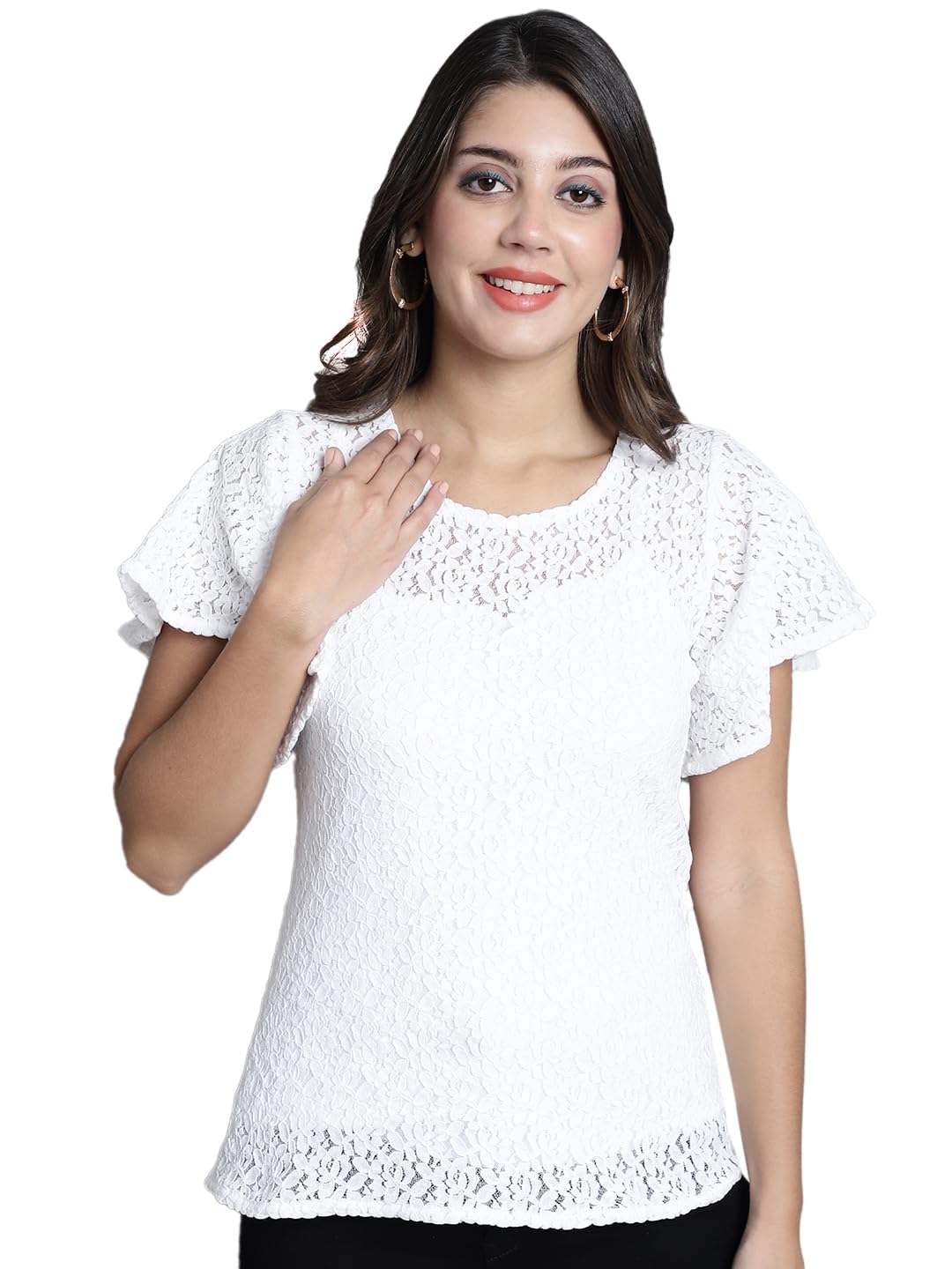 Women Self Designed Round Neck Flared Sleeve Lace Top with Camisole (FM-TOP-39_N)-image-17