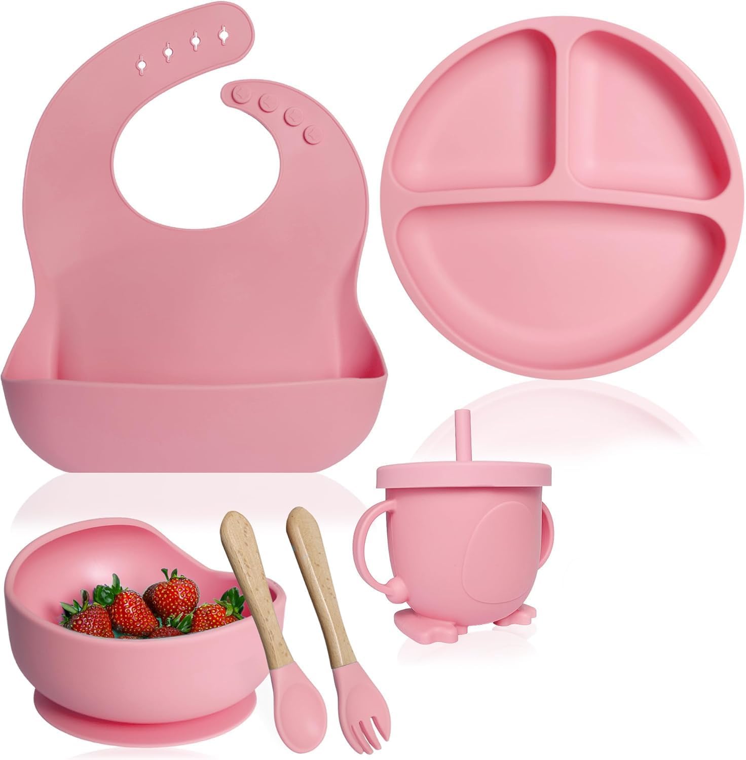 Baby Feeding Set – BPA Free Baby Food Feeding Kit, Safe Durable Easy to Clean for Infants & Toddlers, Babies Self Eating Training Complete Tableware Kit (Round 6 Pink)-image-44