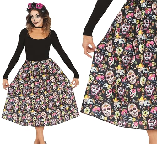FIESTAS GUIRCA Falda Catrina Calaveras Día de los Muertos Mujer – Disfraz, Cosplay para: Halloween – Tema(s): Esqueleto – Talla M/L