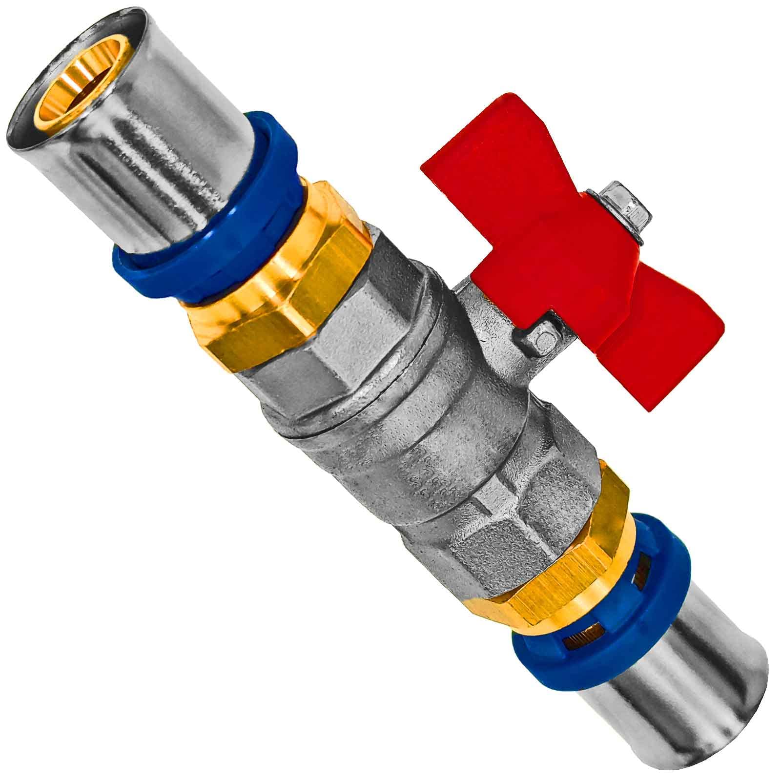 Kugelhahn mit Flügelgriff rot Press Fitting Anschluss für Mehrschicht Aluminium Verbundrohr Außendurchmesser 16mm x 2,0mm Wandstärke TH U Profil Kontur Absperr Ventil