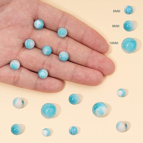 Miniatura 4 de 45 cuentas sueltas de jade persa azul blanco de 0.315 pulgadas para la fabricación de joyas, cuentas semipreciosas naturales redondas y lisas de