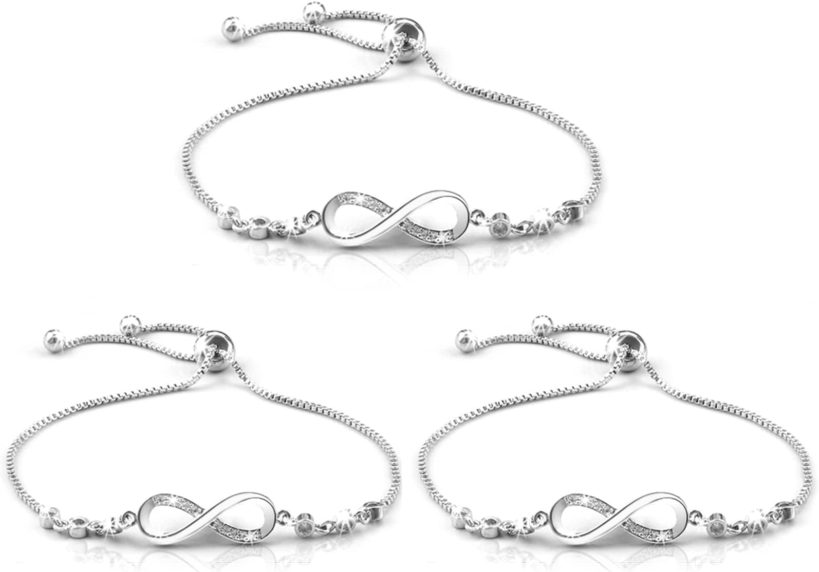 Nswayy3 Pieces Women Bracelets, Adjustable Infinity Bracelet Love Friendship Bracelet Silvery Endless Bracelet Jewellery Gifts for Women Girls