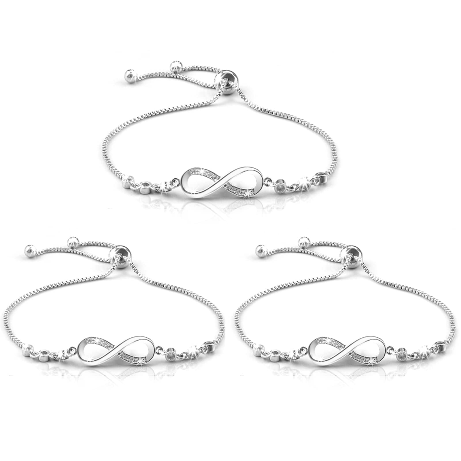 Nswayy3 Pieces Women Bracelets, Adjustable Infinity Bracelet Love Friendship Bracelet Silvery Endless Bracelet Jewellery Gifts for Women Girls