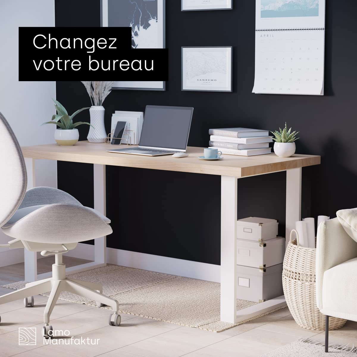 LAMO Manufaktur Lot de 2 Pieds de Table à Manger ou de Bureau, modèle Simple Massive, Profil 80x20 mm, 50x72 cm (L x H), Blanc, LTS-01-C-BB-9016