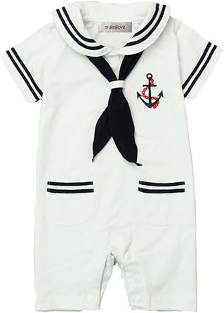 stylesilove Baby Boys Marine Sailor Short Sleeve Cotton Romper Onesie with Necktie 2pcs Holiday Outfit