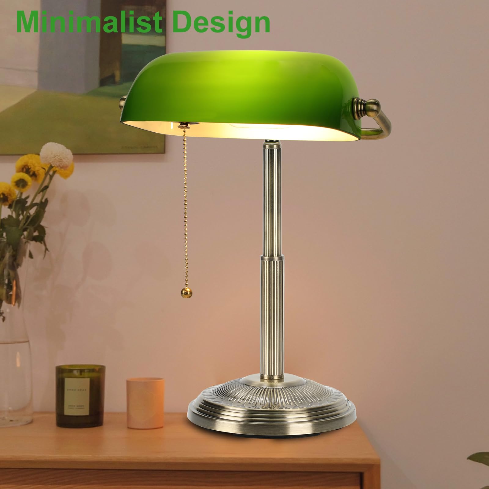 LINNMON Bankers Schreibtischlampe, grüne Retro-Lampe, Vintage-Lampe mit Zugkettenschalter für Home Office (Messing + Grün)