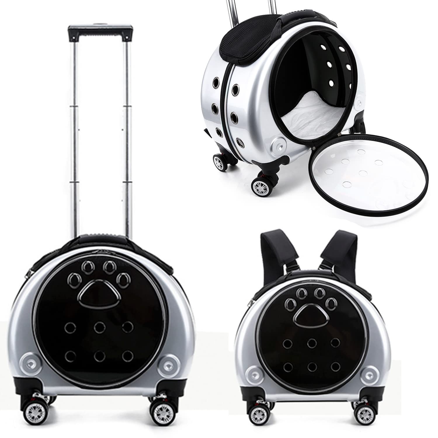 SUN RDPP Transportín para Perros/Gatos, Transportín con Ruedas para Mascotas 2 en 1, Carro transportador para Mascotas con Correas de Hombro Dobles Desmontables,Plata