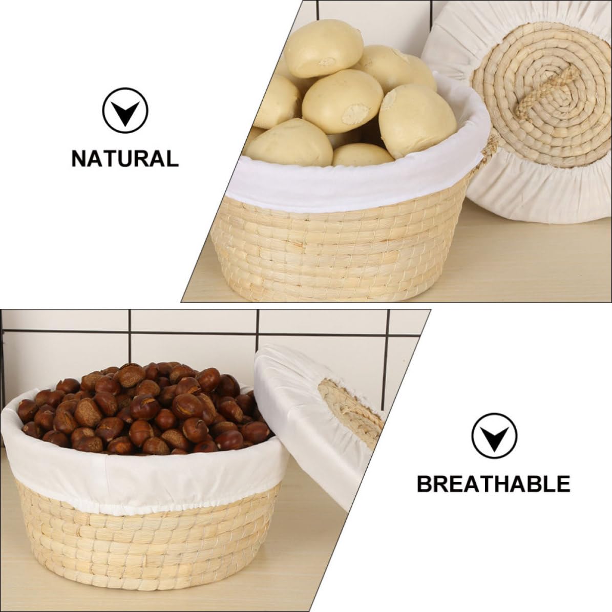 Cesto Intrecciato per Pane e Uova, Beige, in Foglie di Mais