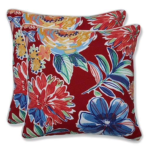 Pillow Perfect Bright Floral Indoor/Outdoor Accent Throw Pillow, Plush Fill, Weather, and Fade Resistant, Throw - 16.5" x 16.5", Red/Blue Colsen, 2 Count