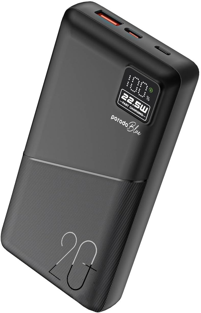 Porodo Blue Quick Charge Power Bank 20000 mAh, 20W Power Delivery, Dual USB-A & USB-C Outputs, Digital Display, Fast Charging 0%-65% in 35 Min, Portable & Durable – Black