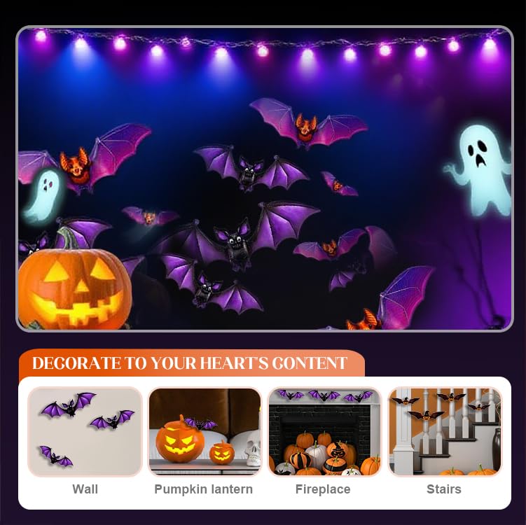 Image of 3D Bat Design LED Decoration Halloween Light up Glowing Bats Decor, Purple | 2026 New Lighted 3D Bat Stickers for Halloween Indoor Outdoor Home 3D LED Bats Window Door Party Wall Decor