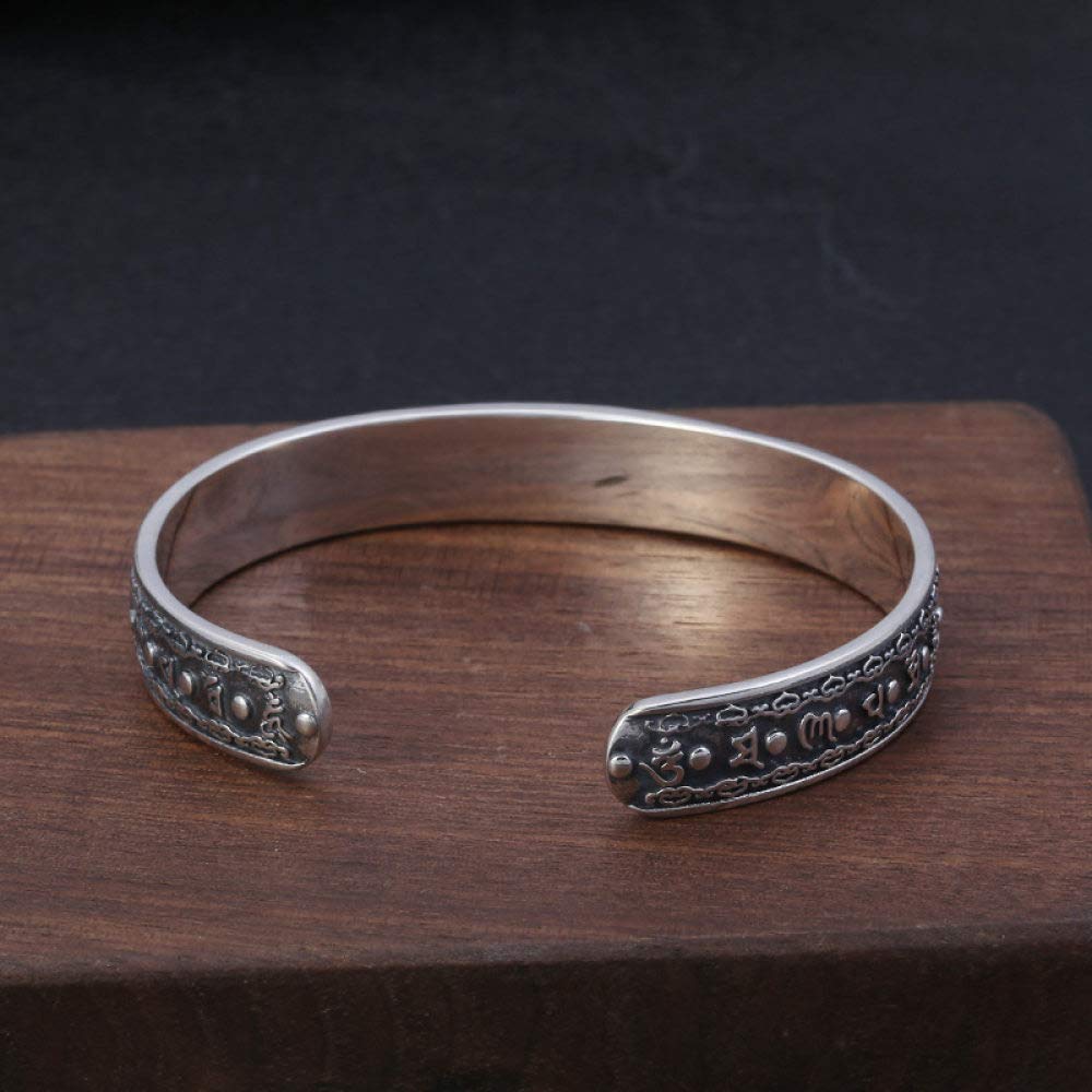 S925 Vintage Pulsera De Plata para Mujeres Hombres Apertura De Seis Caracteres, Instrumento Mantra Budista Sencillo Y Simple Estilo Chino Personalidad Creativa Encanto Hermoso Regalo