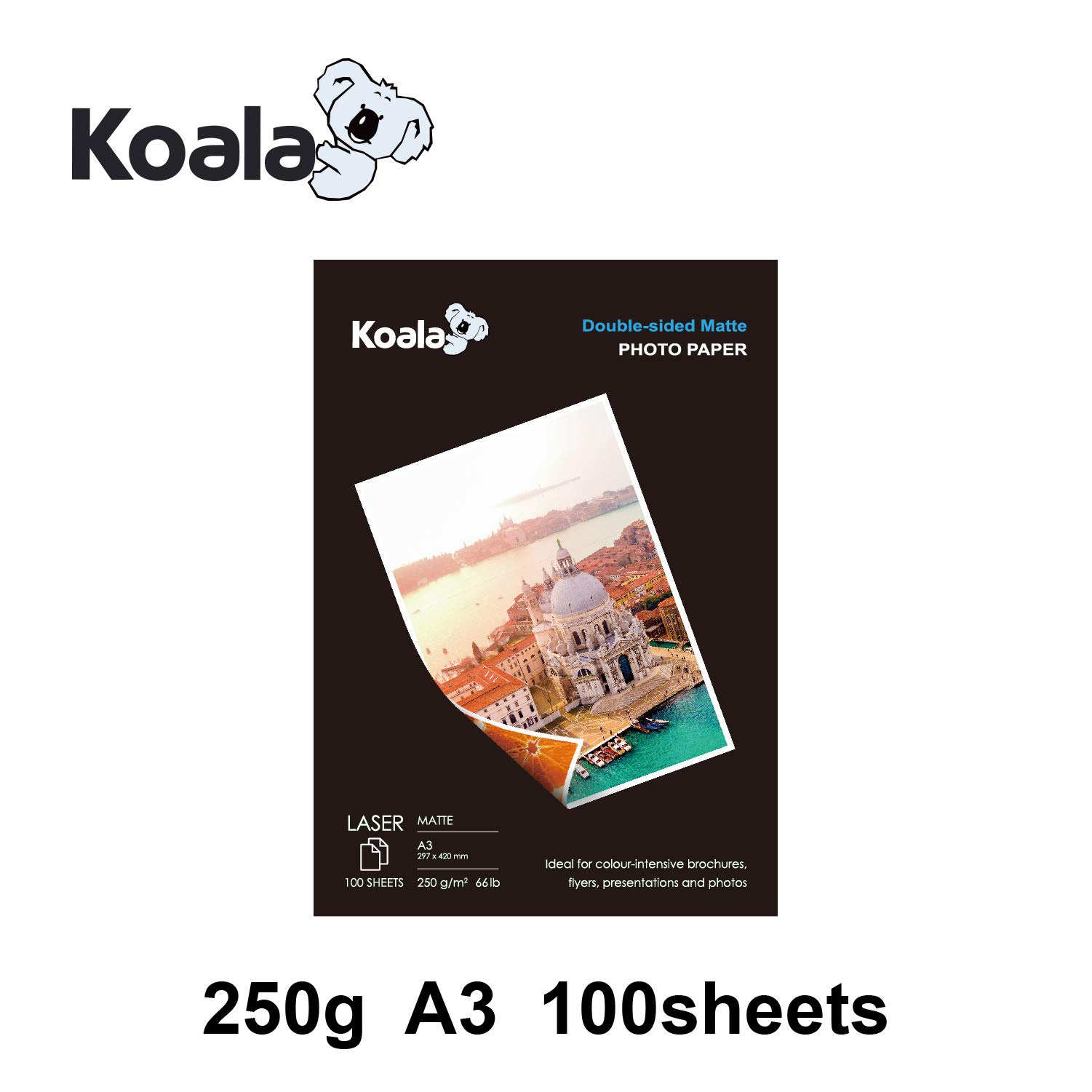 KOALA Carta fotografica Opaca Fronte-Retro per stampante LASER, A3, 250 g/m², 100 fogli. Adatto per la stampa di Foto, Brochure, Certificati, Opuscoli, Volantini, Biglietti, Calendari, Copertine