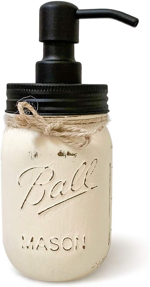IVORY Mason Jar Soap Dispenser, Hand Painted and Distressed, 16 oz. Pint Size, Matte Black Soap Dispenser Lid, NOT for Heavy Duty Use, Country Chic Bathroom Decor Rustic, New Home Gift For Couple