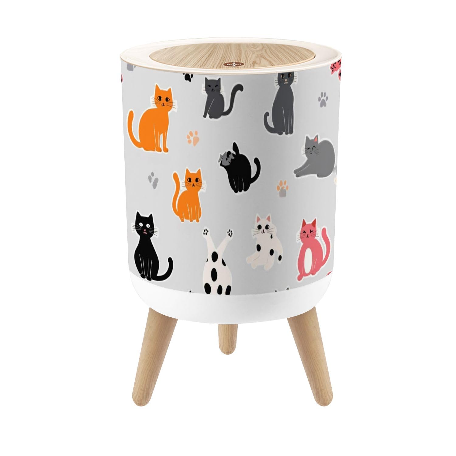 Small Trash Can with Lid Blue Cute Cat Animal Floral Nursery Kids Room Cat Murals Floral Wall Round Press Top Garbage Can with Legs Trash Bin Waste Basket for Kitchen Bedroom Bathroom 7L/1.8 Gallon