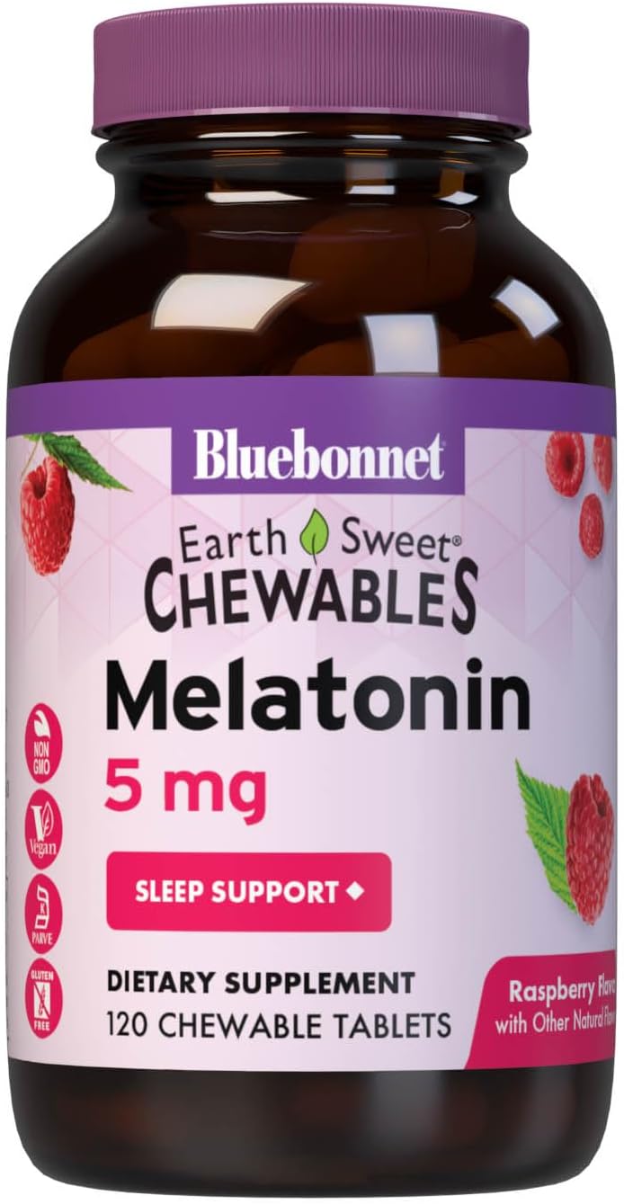 Nutrition EarthSweet Melatonin 5 mg Fast-Acting Quick Dissolve Nighttime Relaxation & Restful Sleep Support - Sleep Aid - Gluten-Free, Vegan - Raspberry Flavor - 120 Chewable Tablets