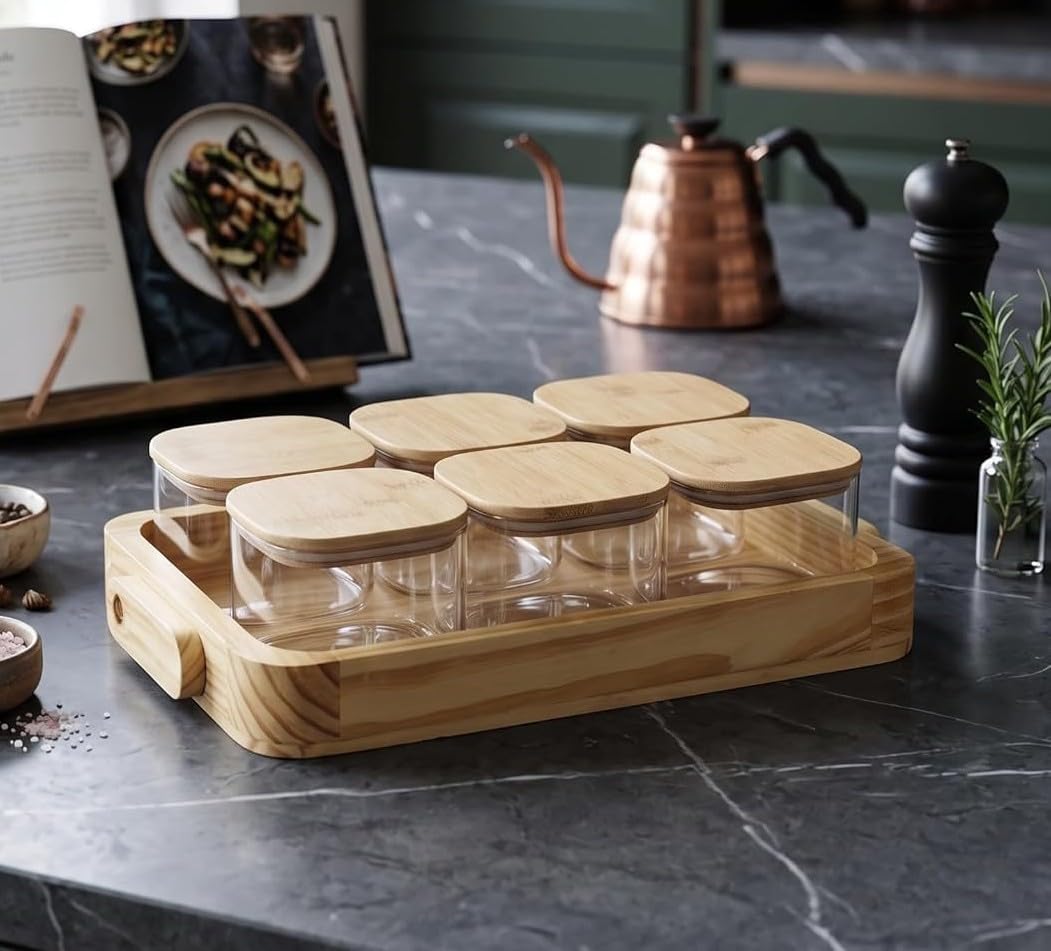 The Elmas Store 6 Pcs Borosilicate Glass Jars with Pinewood Tray - Image 1