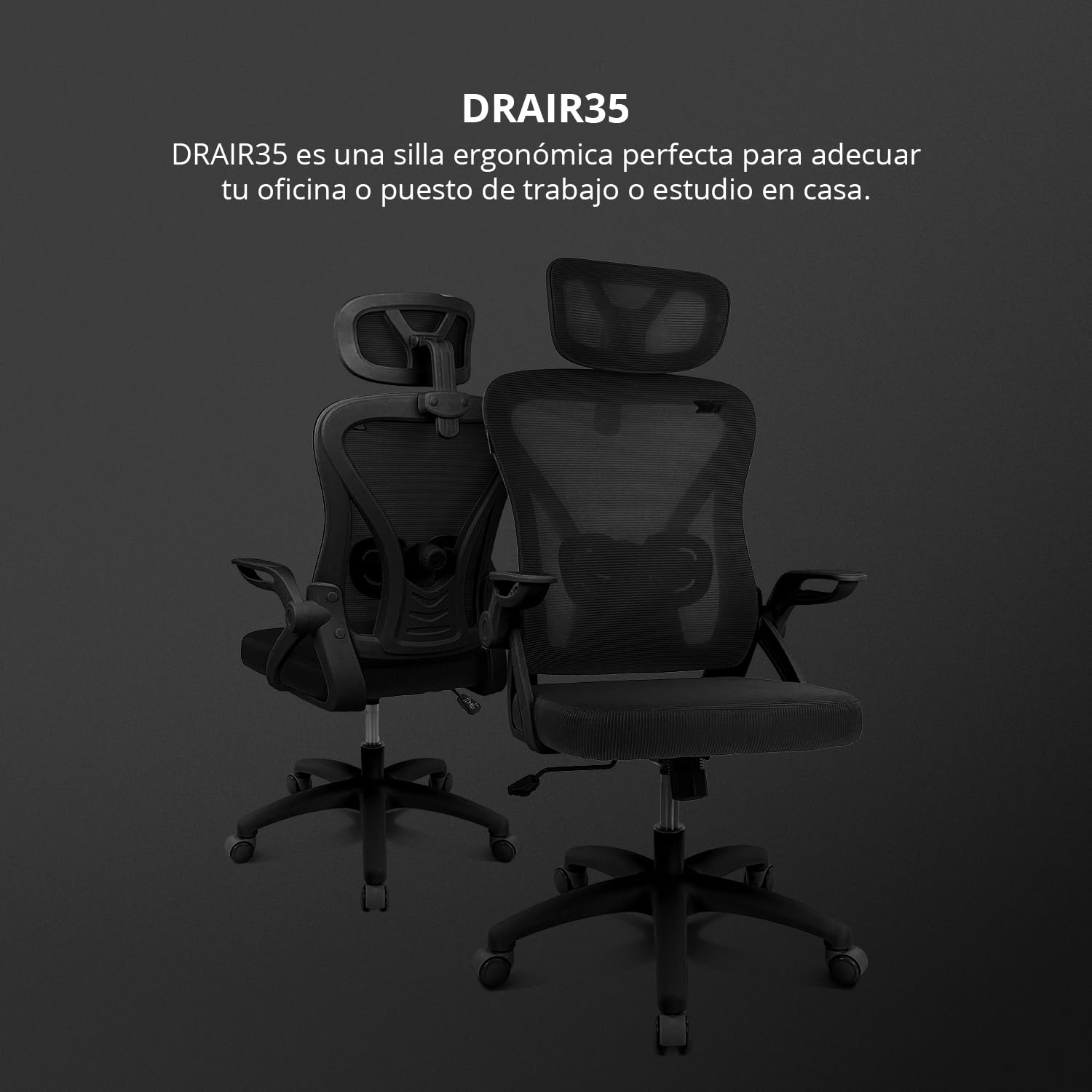 DRIFT GAMING DRAIR35 – Silla Escritorio Ergonómica Oficina y Hogar de Malla tensada Transpirable, Reclinable 90-120°, Reposacabezas y Reposabrazos Abatibles, Soporta hasta 120 kg, Negro